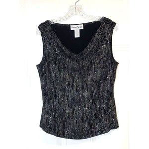 Y2K 90s Top Size L Ronni Nicole Slinky Sparkly Stretch Knit Drape Cowl Neck Tank